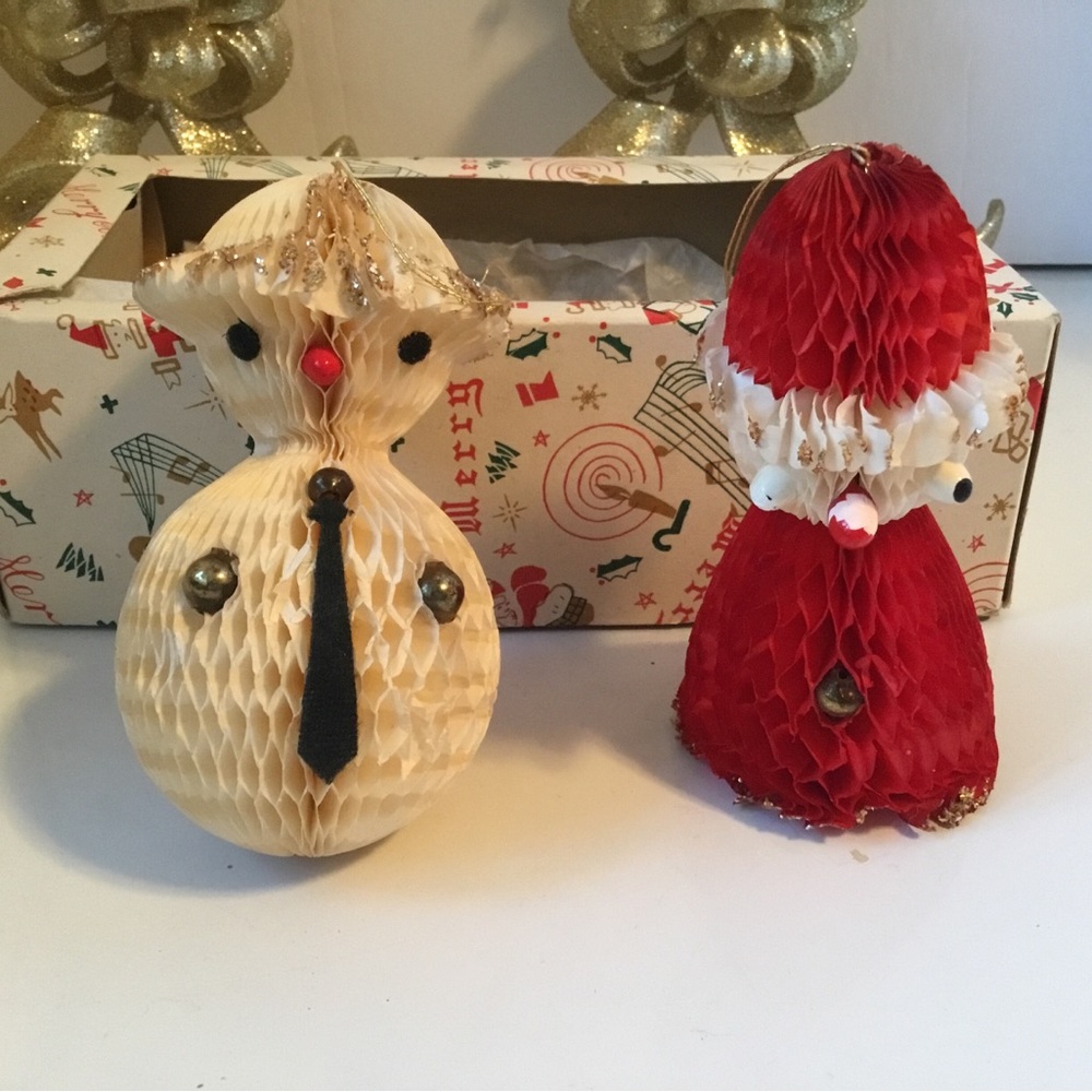Vintage Christmas Honeycomb Paper Snowman and Santa Set